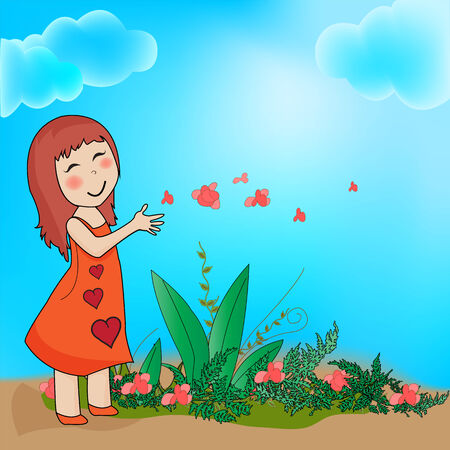 The pleasure of the girl being close to nature のイラスト素材