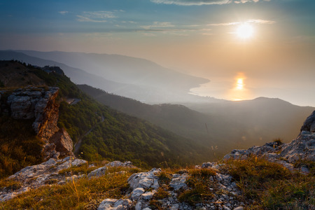 Majestic sunset in the mountains landscape, morningの写真素材
