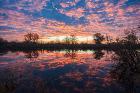 Sunrise over the lake with the reflection of bare trees in the waterの写真素材