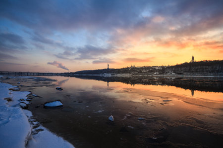 Winter landscape, dawn over the river, morning