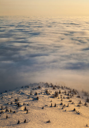Peaks above clouds, winter mountains, foggy morningの写真素材