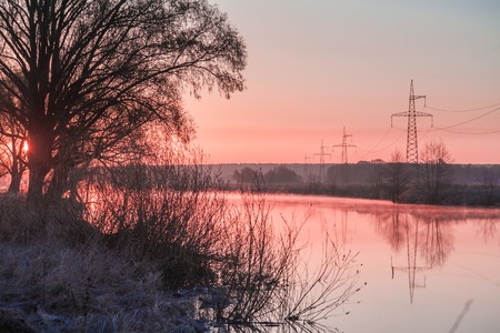 Landscape with Power Line on sunset, sunriseの写真素材