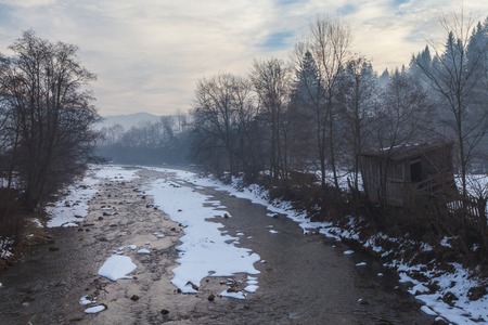 Dramatic Winter Landscape. mountains. fog. the parkの写真素材