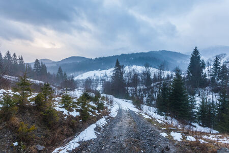 Fantastic winter landscape. Dramatic overcast sky. Carpathian, Ukraine, Europe. Beauty world.の写真素材