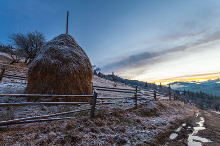 Fantastic winter landscape. Dramatic overcast sky. Carpathian, Ukraine, Europe. Beauty world.の写真素材