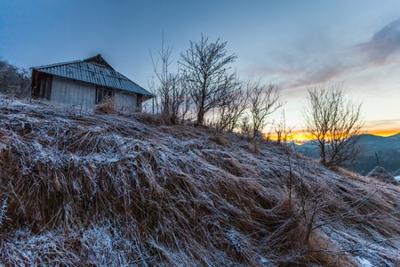 Fantastic winter landscape. Dramatic overcast sky. Carpathian, Ukraine, Europe. Beauty world.の写真素材