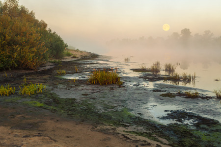 Moon reflected in a lake on a moor on a misty morningの写真素材