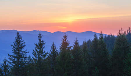 Beautiful summer sunrise in mountains. Path along the ridge leading to summitの写真素材