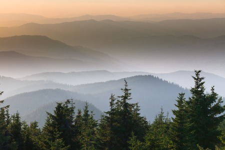 Distant mountain range and thin layer of clouds on the valleys, Ukraineの写真素材
