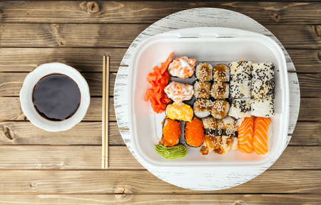 Sushi set on wooden background.の写真素材
