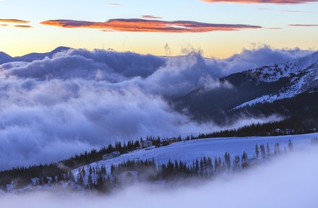 Winter landscape. Sunrise in the mountains. Beautiful World. Christmas scene. Carpathians, Ukraine, Europe.の写真素材