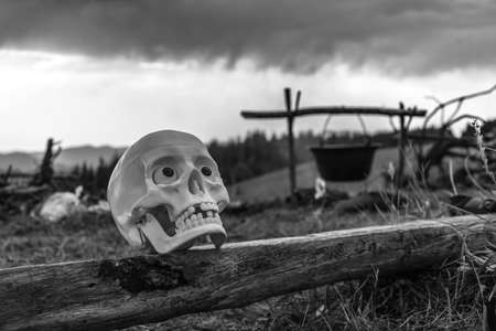skull on the bench against the backdrop of the mountains. bwの写真素材