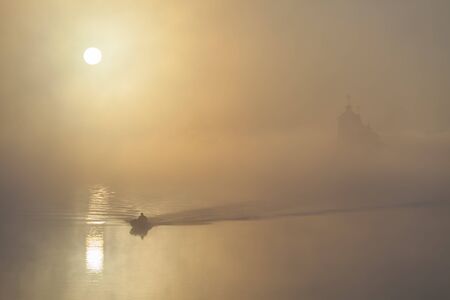 red sunset over river.の写真素材
