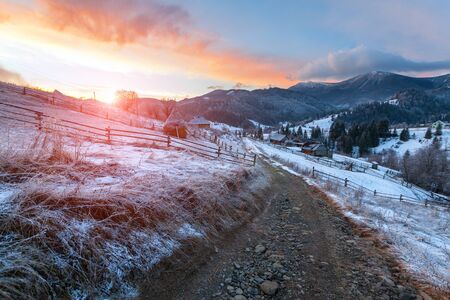 Fantastic landscape glowing by sunlight. Natural park. Carpathian, Ukraine, Europe. Beauty world. Happy New Year!の写真素材