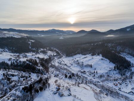 aerial view of winter forest covered in snow. drone photography - panoramic imageの写真素材