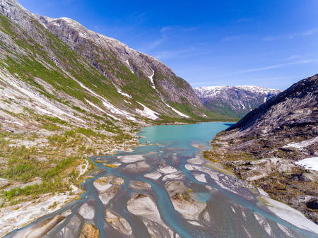 Aerial view near Nigardsbreen glacier in Nigardsvatnet Jostedalsbreen national park in Norway in a...