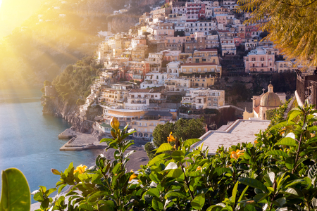 View of Positano village along Amalfi Coast in Italyの写真素材