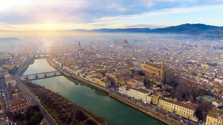 Panorama of the city of FLORENCE in Italy with the dome and Palazzo della Signoria and arno riverの写真素材