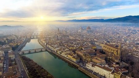 Panorama of the city of FLORENCE in Italy with the dome and Palazzo della Signoria and arno riverの写真素材