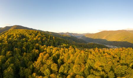 Beautiful Autmn forest shining at sunset. Flying above Colorful mountain floraの写真素材