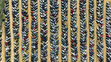 Aerial view parking lot damaged cars aftermath of accidents.の写真素材