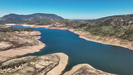 AERIAL - Zahara de la Sierra and its lake, Cadiz, Spainの写真素材