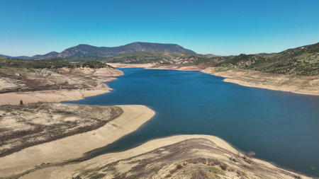AERIAL - Zahara de la Sierra and its lake, Cadiz, Spainの写真素材