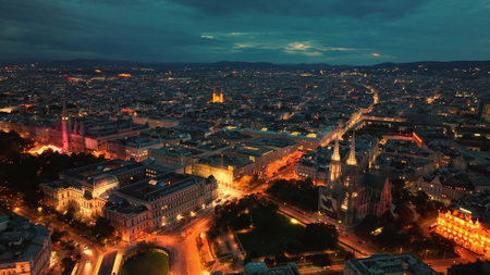 illumination flight over Vienna city district aerial panorama. Austriaの写真素材