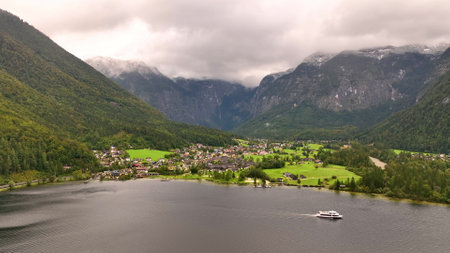 Aerial view of the famous city of Obertraun near Hallstatt and its beautiful lake. Austriaの写真素材