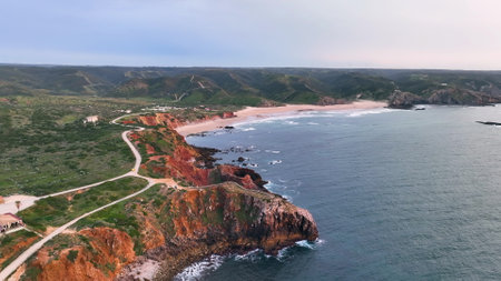 Aerial view of the Waves in the Atlantic Ocean at the Carrapateira.の写真素材