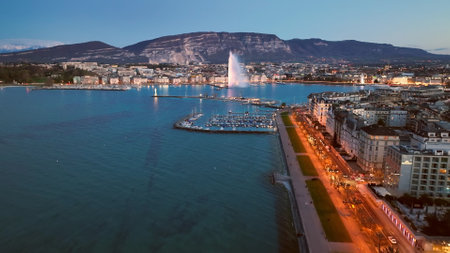 Aerial view at Geneva Water Fountain in Geneva Lake, Switzerland.の写真素材