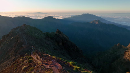 Aerial shot of the Roque de Los Muchachos on La Palmaの写真素材