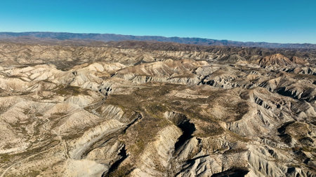 Aerial viewTabernas Desert, Scenic Nature Landscape in Almeria, Andalusia, Spainの写真素材