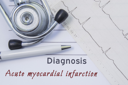 Diagnosis of Acute myocardial infarction. Stethoscope, printed electrocardiogram and pen are on paper medical form where indicated cardiological diagnosis Acute myocardial infarctionの写真素材