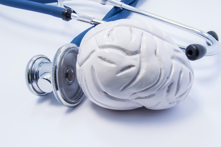 Anatomical 3D model of human brain as organ near stethoscope which big chestpiece is research or tests of brain. Concept photo for diagnosis health and treatment of brain diseases like cancer, strokeの写真素材