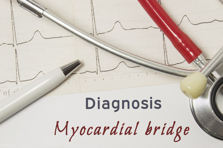 Cardiac diagnosis of Myocardial Bridge. On doctor workplace is paper medical documentation, which indicated diagnosis of Myocardial Bridge, surrounded by red stethoscope, ECG line and pen close upの写真素材