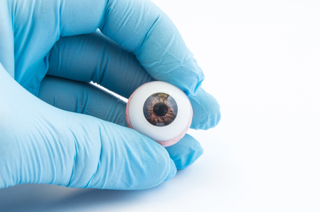 Ophthalmologist or surgeon holds in hand dressed in a blue glove eye (eyeball). Concept photo for ocular prosthesis, diagnosis and treatment of ophtalmic diseases, surgical operations on eyesの写真素材