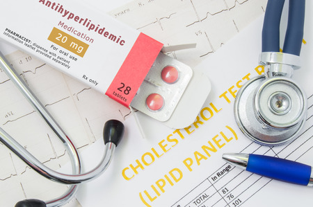 Antihyperlipidemic drug concept photo. Open packaging with drugs tablets, on which  written Antihyperlipidemic Medication, lies near stethoscope, result analysis on cholesterol (lipid panel) and ECG