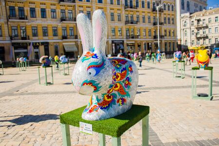 Gray Easter Bunny shape with big ears and colorful ornament on it. Beautiful Easter art decoration .Kyiv (Kiev), Ukraine, april 2018のeditorial素材