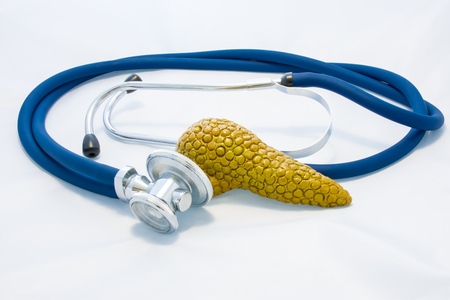 Pancreas gland is next to stethoscope and his head, symbolizing process of diagnosis of pancreas diseases, identify causes of increase or decrease production of hormones and other endocrine problemsの写真素材