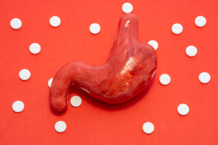 The organ - a model of the stomach, is on red background, surrounded by white pills on a polka dot background. Concept photo of pain and spasm in the stomach, first aid for this symptom and pathologyの写真素材