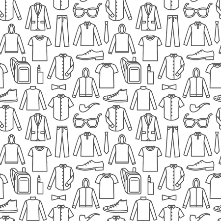 Vector seamless pattern of men's clothes and accessories. Dark print on white backgroundのイラスト素材