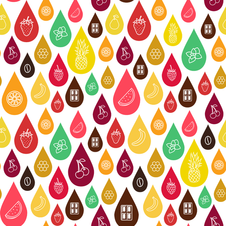 Vector seamless pattern of different flavor. The taste of the electronic cigarette, pattern of E-Liquid. Color print on white backgroundのイラスト素材