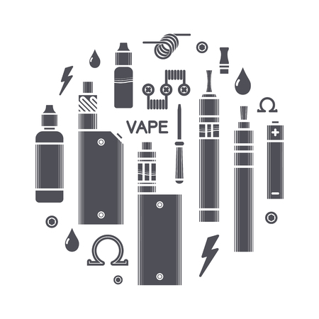 Set of vector black silhouette icons and design elements for vape shop and vapor bar, e-cigarette and e-liquid store, isolated on white backgroundのイラスト素材