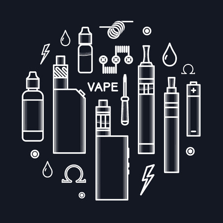 Set of vector icons and design elements for vape shop and vapor bar, e-cigarette and e-liquid store, isolated on black backgroundのイラスト素材