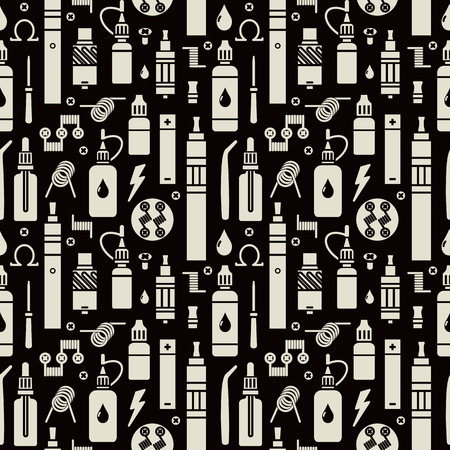Vector seamless pattern for vape shop and vapor bar, e-cigarette and e-liquid store, isolated print on black backgroundのイラスト素材