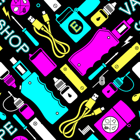 seamless pattern for vape shop and vape service, e-cigarette store. Color print isolated on black background. Illustration of electronic cigarette and accessories.のイラスト素材