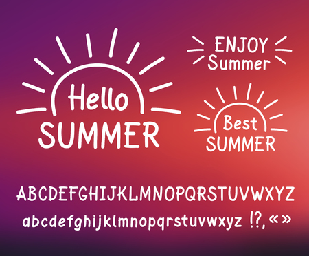 Vector hand-drawn letters. Sans serif. Uppercase and lowercase letters. Doodle type. White print on blurred background. Hallo summerのイラスト素材