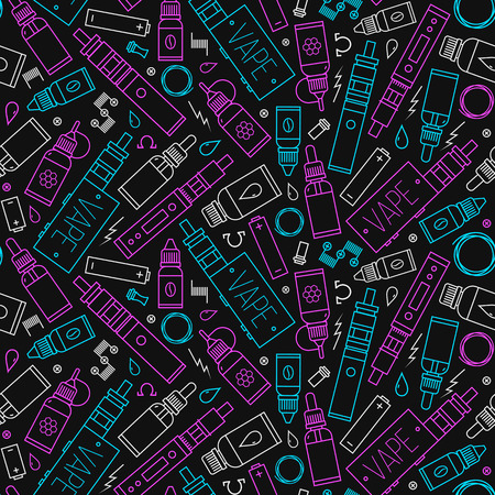 Vector seamless pattern for vape shop and vape service, e-cigarette store, isolated on black background. Endless backgroundのイラスト素材