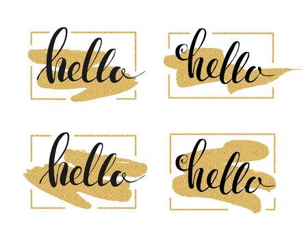 Hello lettering on gold brushstroke. Vector illustrationのイラスト素材